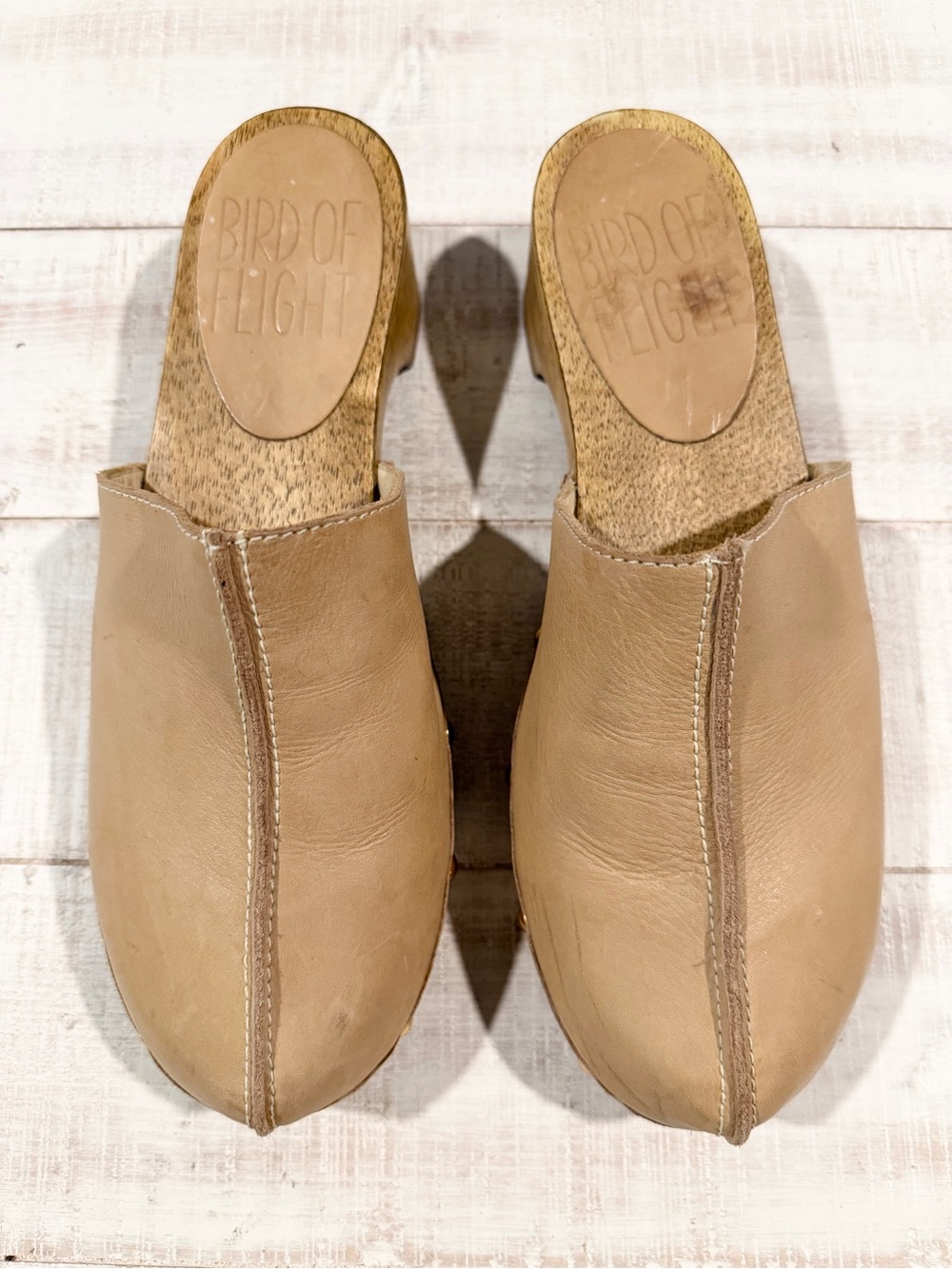 Bird of Flight Brown Leather Wood Sole Clog Mules Size 8.5 Studded Slip On Shoes - Picture 2 of 10